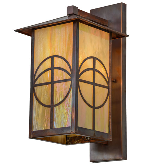 Meyda Lighting Seneca 10" Vintage Copper Circle Cross Solid Mount Wall Sconce With Beige Iridescent Shade Glass