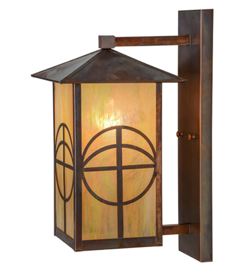 Meyda Lighting Seneca 10" Vintage Copper Circle Cross Solid Mount Wall Sconce With Beige Iridescent Shade Glass