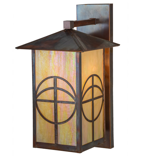 Meyda Lighting Seneca 10" Vintage Copper Circle Cross Solid Mount Wall Sconce With Beige Iridescent Shade Glass