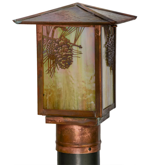 Meyda Lighting Seneca 11" Vintage Copper Winter Pine Outdoor Post Mount Light With Beige Iridescent Art Shade Glass