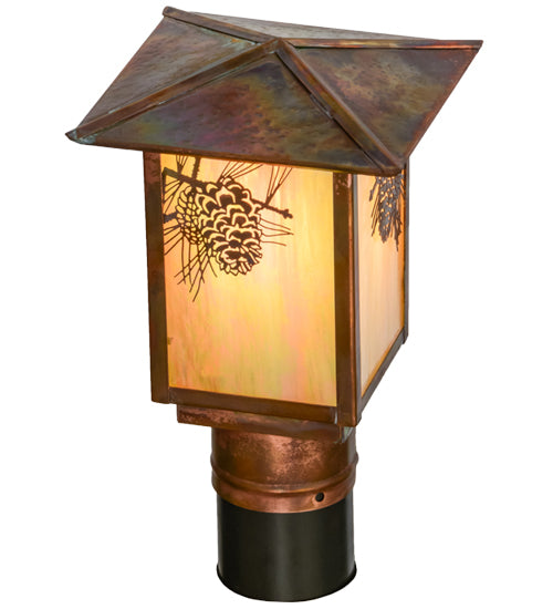 Meyda Lighting Seneca 11" Vintage Copper Winter Pine Outdoor Post Mount Light With Beige Iridescent Art Shade Glass