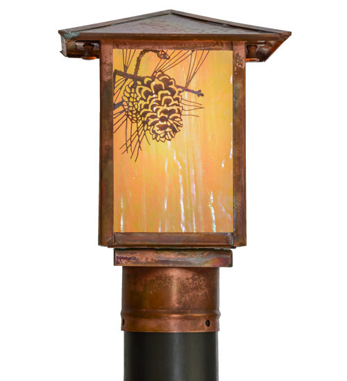 Meyda Lighting Seneca 11" Vintage Copper Winter Pine Outdoor Post Mount Light With Beige Iridescent Art Shade Glass