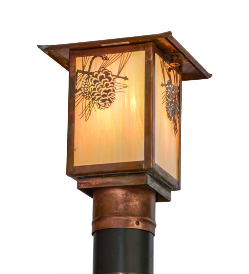 Meyda Lighting Seneca 11" Vintage Copper Winter Pine Outdoor Post Mount Light With Beige Iridescent Art Shade Glass