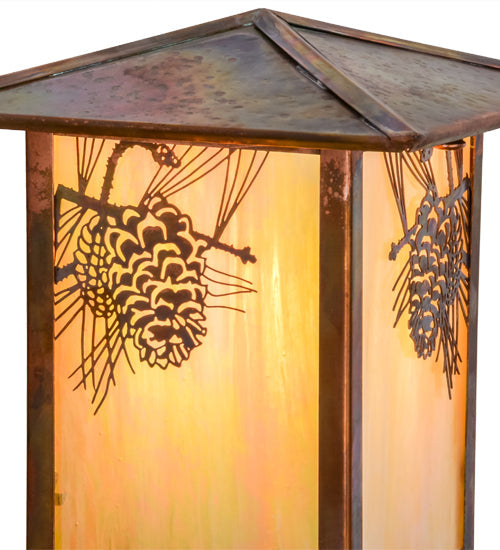 Meyda Lighting Seneca 11" Vintage Copper Winter Pine Outdoor Post Mount Light With Beige Iridescent Art Shade Glass