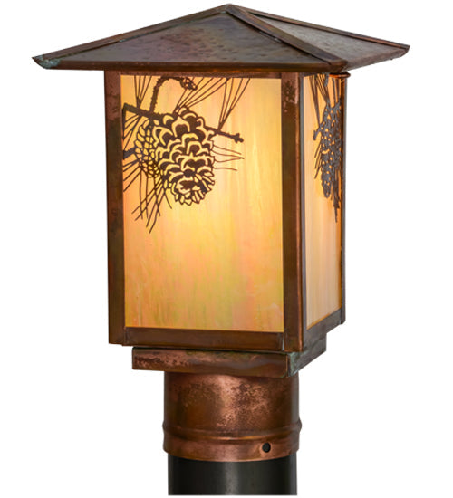 Meyda Lighting Seneca 11" Vintage Copper Winter Pine Outdoor Post Mount Light With Beige Iridescent Art Shade Glass