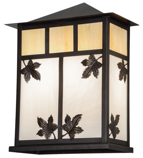 Meyda Lighting Seneca 12" 2-Light Craftsman Brown Maple Leaf Wall Sconce With White & Beige Iridescent Shade Glass