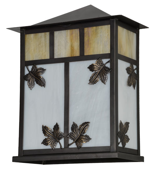 Meyda Lighting Seneca 12" 2-Light Craftsman Brown Maple Leaf Wall Sconce With White & Beige Iridescent Shade Glass