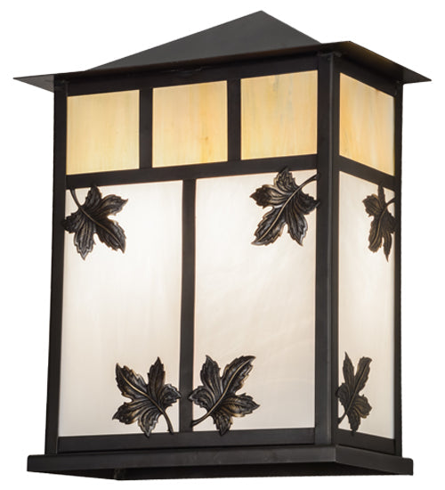 Meyda Lighting Seneca 12" 2-Light Craftsman Brown Maple Leaf Wall Sconce With White & Beige Iridescent Shade Glass