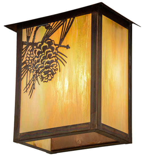 Meyda Lighting Seneca 12" 2-Light Vintage Copper Winter Pine Wall Sconce With Beige Irisdescent Shade Glass