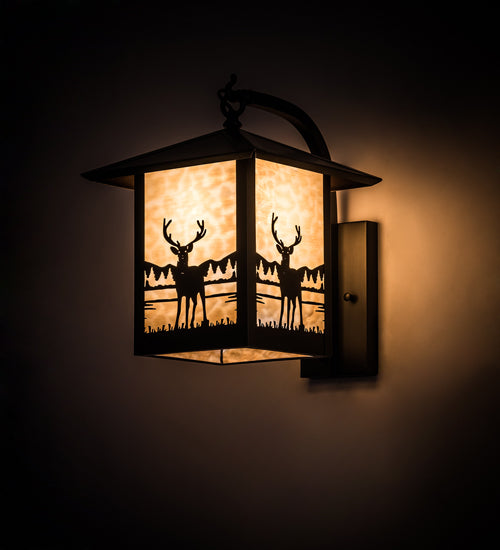 Meyda Lighting Seneca 12" Craftsman Brown Deer Creek Center Hanging Wall Sconce With Beige Art Shade Glass