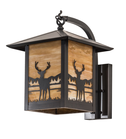 Meyda Lighting Seneca 12" Craftsman Brown Deer Creek Center Hanging Wall Sconce With Beige Art Shade Glass
