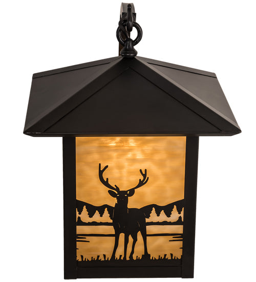 Meyda Lighting Seneca 12" Craftsman Brown Deer Creek Center Hanging Wall Sconce With Beige Art Shade Glass