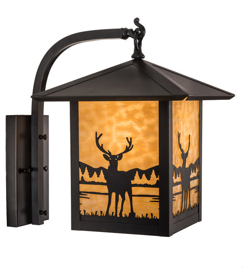 Meyda Lighting Seneca 12" Craftsman Brown Deer Creek Center Hanging Wall Sconce With Beige Art Shade Glass