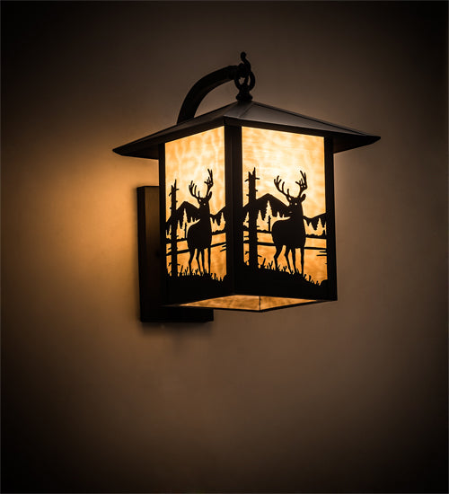 Meyda Lighting Seneca 12" Craftsman Brown Deer Creek Left Hanging Wall Sconce With Beige Art Shade Glass