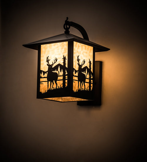 Meyda Lighting Seneca 12" Craftsman Brown Deer Creek Right Hanging Wall Sconce With Beige Art Shade Glass