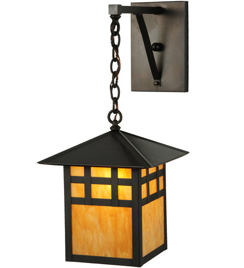 Meyda Lighting Seneca 12" Craftsman Brown Window Pane Hanging Wall Sconce With Ambra Siena Idalight Shade Glass