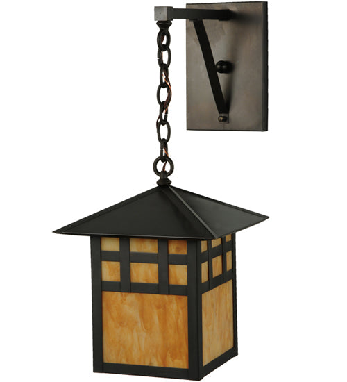 Meyda Lighting Seneca 12" Craftsman Brown Window Pane Hanging Wall Sconce With Ambra Siena Idalight Shade Glass