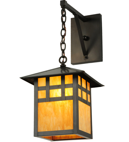 Meyda Lighting Seneca 12" Craftsman Brown Window Pane Hanging Wall Sconce With Ambra Siena Idalight Shade Glass