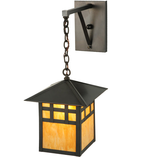 Meyda Lighting Seneca 12" Craftsman Brown Window Pane Hanging Wall Sconce With Ambra Siena Idalight Shade Glass