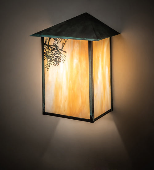 Meyda Lighting Seneca 12" Craftsman Verdigris Winter Pine Wall Sconce With Beige Iridescent Shade Glass