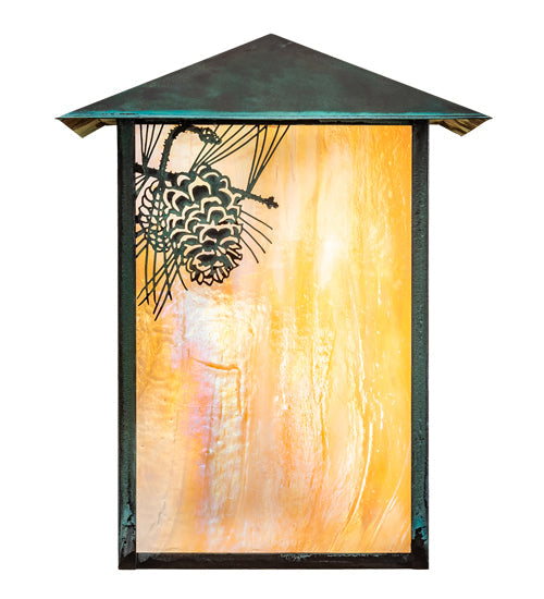 Meyda Lighting Seneca 12" Craftsman Verdigris Winter Pine Wall Sconce With Beige Iridescent Shade Glass