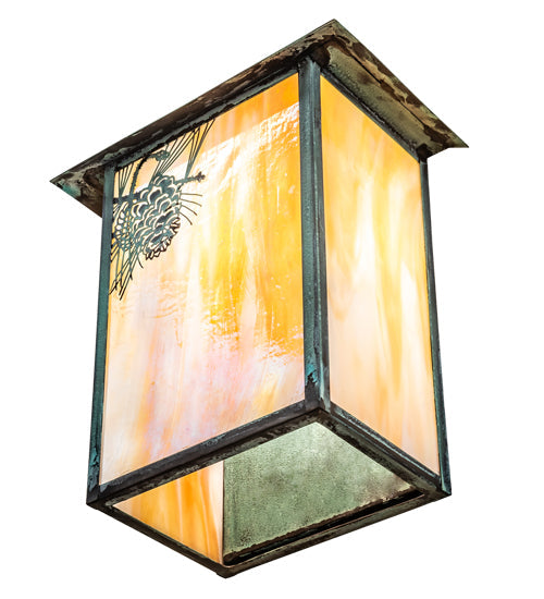 Meyda Lighting Seneca 12" Craftsman Verdigris Winter Pine Wall Sconce With Beige Iridescent Shade Glass