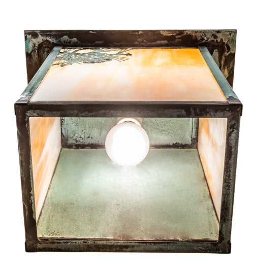 Meyda Lighting Seneca 12" Craftsman Verdigris Winter Pine Wall Sconce With Beige Iridescent Shade Glass