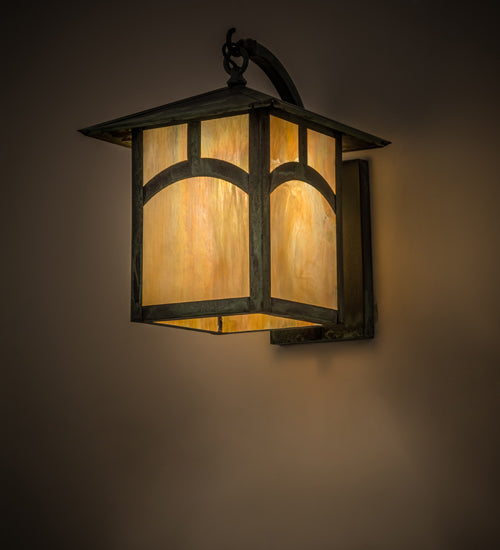 Meyda Lighting Seneca 12" Verdigris Hill Top Wall Sconce With Beige Iridescent Art Shade Glass