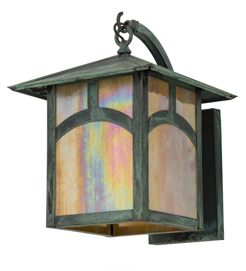 Meyda Lighting Seneca 12" Verdigris Hill Top Wall Sconce With Beige Iridescent Art Shade Glass