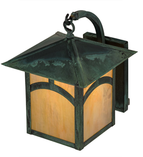 Meyda Lighting Seneca 12" Verdigris Hill Top Wall Sconce With Beige Iridescent Art Shade Glass