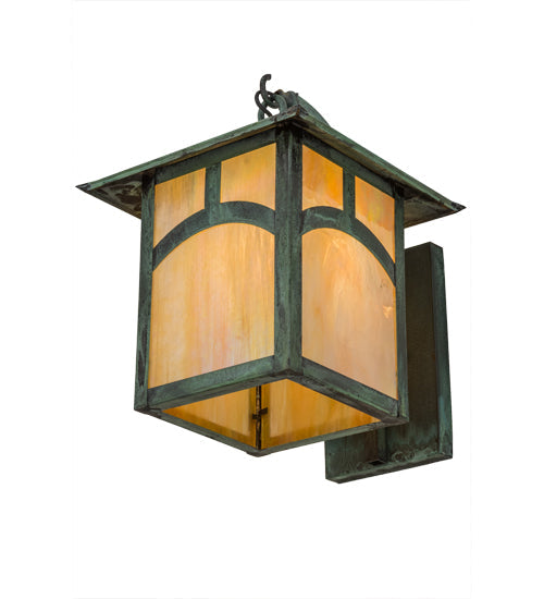 Meyda Lighting Seneca 12" Verdigris Hill Top Wall Sconce With Beige Iridescent Art Shade Glass