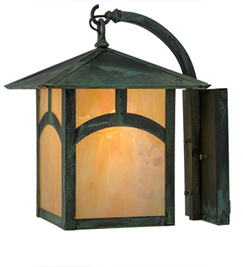 Meyda Lighting Seneca 12" Verdigris Hill Top Wall Sconce With Beige Iridescent Art Shade Glass