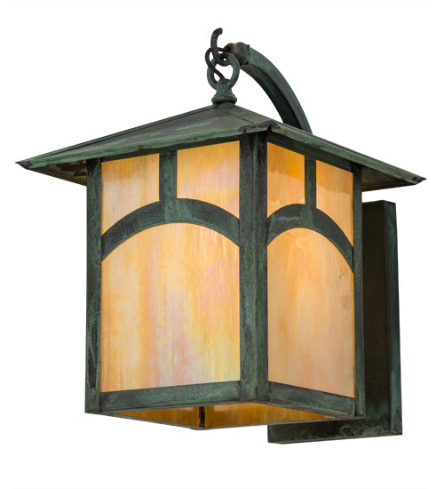 Meyda Lighting Seneca 12" Verdigris Hill Top Wall Sconce With Beige Iridescent Art Shade Glass