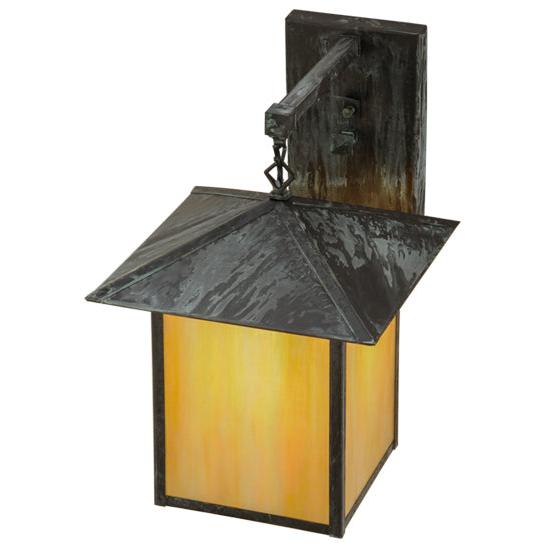 Meyda Lighting Seneca 12" Verdigris Straight Arm Wall Sconce With Beige Iridescent Shade Glass