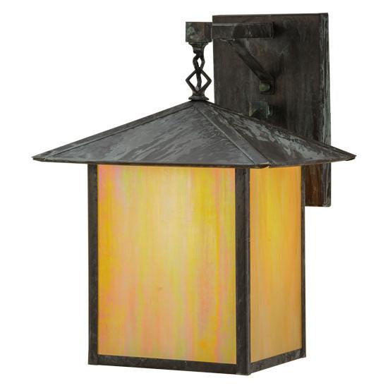 Meyda Lighting Seneca 12" Verdigris Straight Arm Wall Sconce With Beige Iridescent Shade Glass