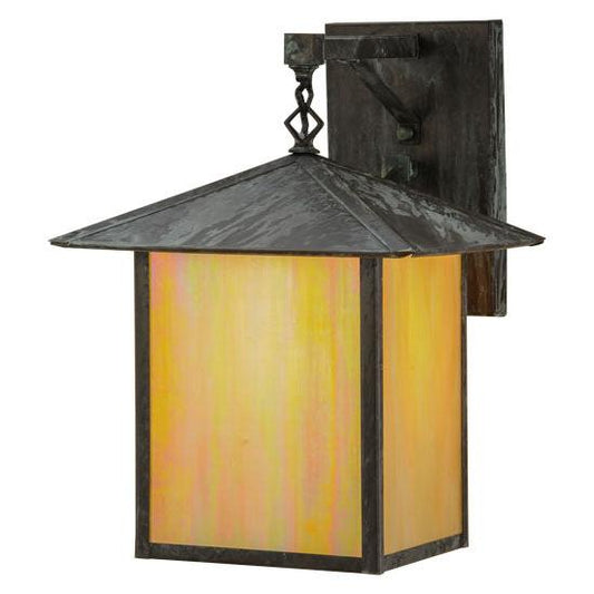 Meyda Lighting Seneca 12" Verdigris Straight Arm Wall Sconce With Beige Iridescent Shade Glass