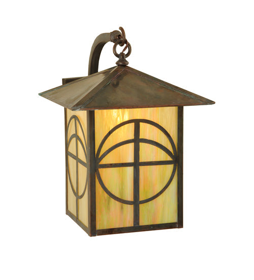 Meyda Lighting Seneca 12" Vintage Copper Circle Cross Curved Arm Wall Sconce With Beige Iridescent Shade Glass