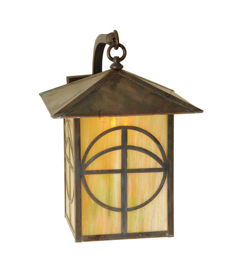 Meyda Lighting Seneca 12" Vintage Copper Circle Cross Curved Arm Wall Sconce With Beige Iridescent Shade Glass