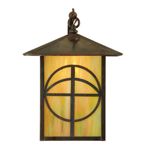 Meyda Lighting Seneca 12" Vintage Copper Circle Cross Curved Arm Wall Sconce With Beige Iridescent Shade Glass