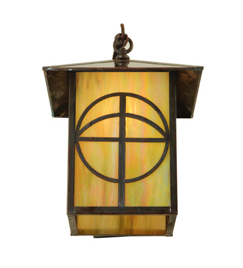 Meyda Lighting Seneca 12" Vintage Copper Circle Cross Curved Arm Wall Sconce With Beige Iridescent Shade Glass