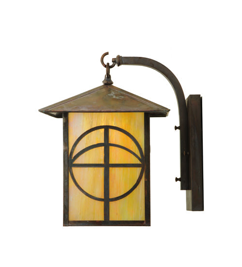 Meyda Lighting Seneca 12" Vintage Copper Circle Cross Curved Arm Wall Sconce With Beige Iridescent Shade Glass