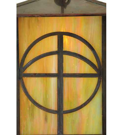 Meyda Lighting Seneca 12" Vintage Copper Circle Cross Curved Arm Wall Sconce With Beige Iridescent Shade Glass