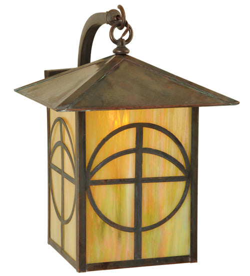 Meyda Lighting Seneca 12" Vintage Copper Circle Cross Curved Arm Wall Sconce With Beige Iridescent Shade Glass
