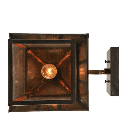 Meyda Lighting Seneca 12" Vintage Copper Double Bar Mission Curved Arm Hanging Wall Sconce With Clear Seeded Shade Glass