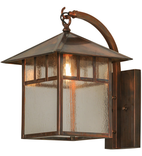Meyda Lighting Seneca 12" Vintage Copper Double Bar Mission Curved Arm Hanging Wall Sconce With Clear Seeded Shade Glass