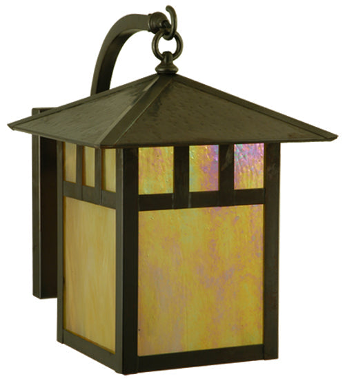 Meyda Lighting Seneca 12" Vintage Copper Double Bar Mission Curved Arm Wall Sconce With Beige Iridescent Shade Glass
