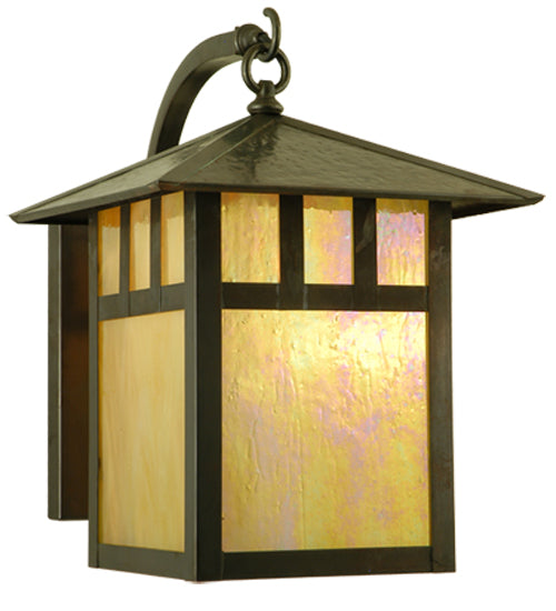 Meyda Lighting Seneca 12" Vintage Copper Double Bar Mission Curved Arm Wall Sconce With Beige Iridescent Shade Glass