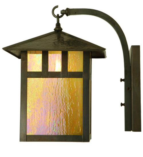Meyda Lighting Seneca 12" Vintage Copper Double Bar Mission Curved Arm Wall Sconce With Beige Iridescent Shade Glass