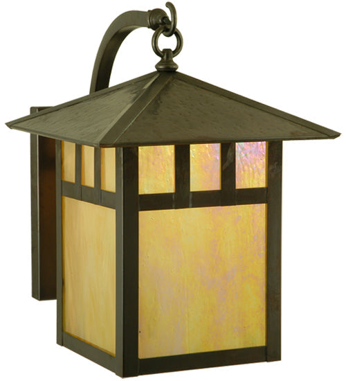 Meyda Lighting Seneca 12" Vintage Copper Double Bar Mission Curved Arm Wall Sconce With Beige Iridescent Shade Glass