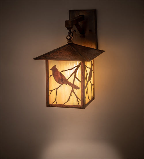 Meyda Lighting Seneca 12" Vintage Copper Song Bird Straight Arm Wall Sconce With Beige Iridsecent Shade Glass